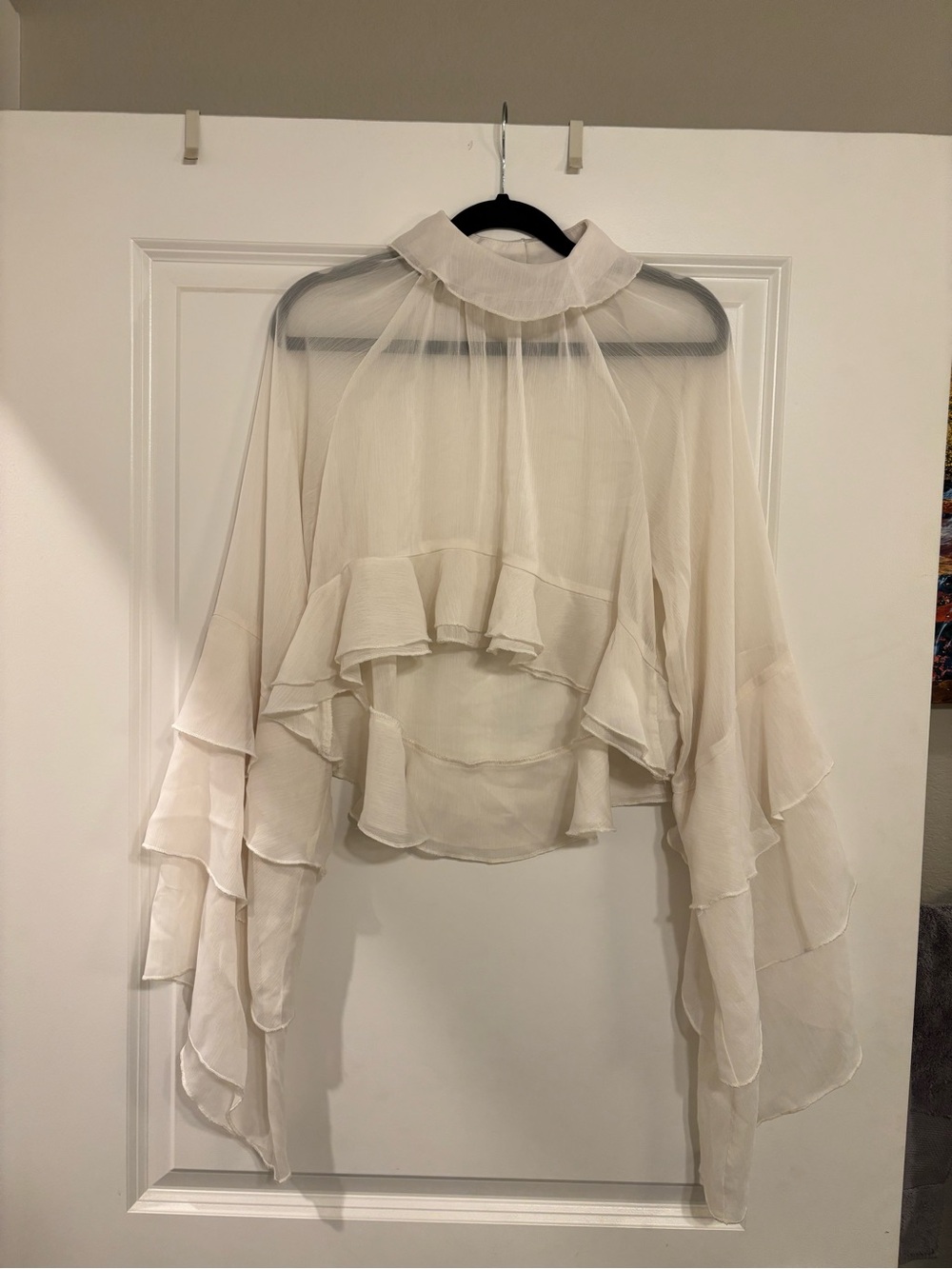 Cider Dramatic Ruffle Bell Sleeve Hi-Lo Chiffon Crop Top- Size Small